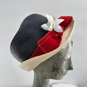 Vtg 1950s Patrice Straw Hat Black Crown Red Velvet Bow Cloche Brimmed Hat